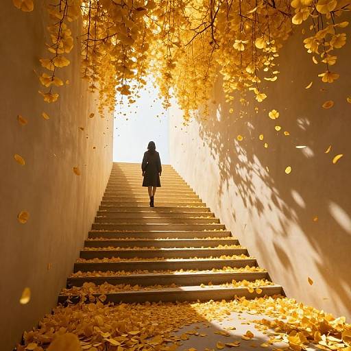 Photograph: Silhouetted person in autumn coat walks up sunlit stone steps, surrounded by golden leaves and tree branches overhead.