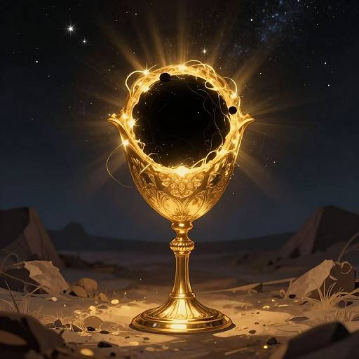 Digital artwork of a glowing, gold goblet with fiery flames encircling a black void, set against a starry night sky and rocky desert landscape