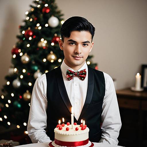 Young Man in Festive Attire with Birthday Cake