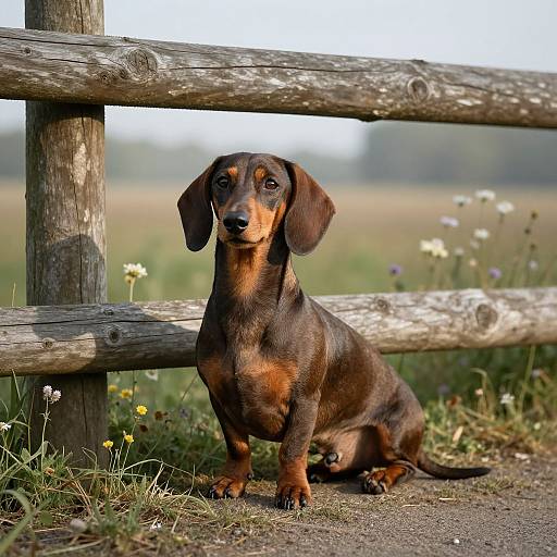 Photograph of a brown and black dachshund sitting outdoors, in front of a weathered wooden fence, with a grassy field and wild