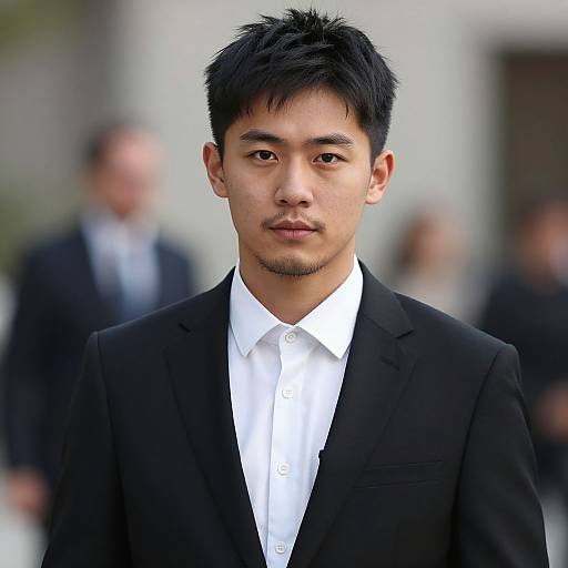 Photograph of an Asian man with short black hair, wearing a black suit and white shirt, standing outdoors with a blurred background.