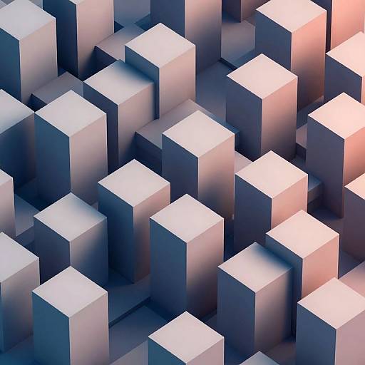 Abstract digital artwork of overlapping, illuminated, three-dimensional cubes in shades of blue, white, and pink, creating a geometric, textured pattern.