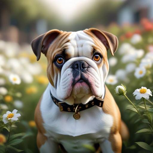 Realistic Bulldog Surrounded by Flowers