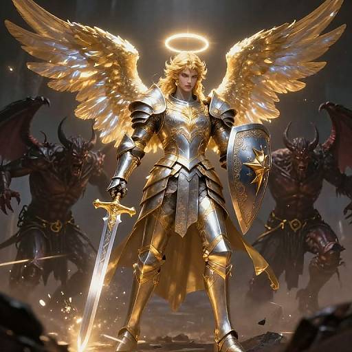 Digital artwork of a golden-winged, haloed angel knight in shining armor, holding a glowing sword and shield, facing dark, demonic creatures.