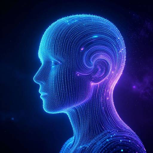 Digital art of a glowing blue and purple neon human silhouette, showing a side profile with intricate wireframe patterns against a dark background.
