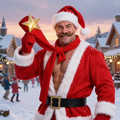 Photograph of a muscular, mustached Santa Claus in an open red velvet suit, holding a glowing star, in a snowy village at sunset.