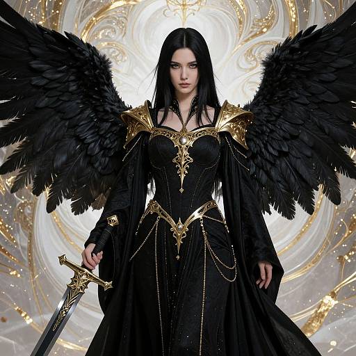 Digital artwork of a dark-haired angelic woman with large black wings, gold-accented black dress, holding a gold sword, set against a swirling