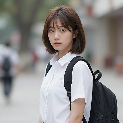 Photograph of a young Asian woman with short brown hair, wearing a white school uniform and black backpack, standing in a blurred urban street background.