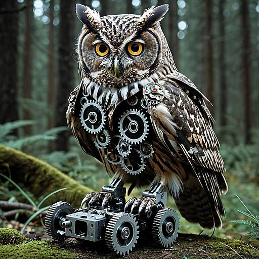 Surreal Owl with Mechanical Feathers