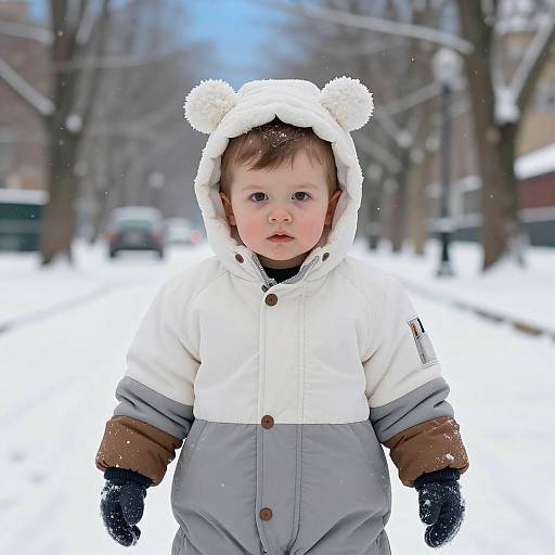 Toddler in Bear-Ear Snowsuit in Snowy Park