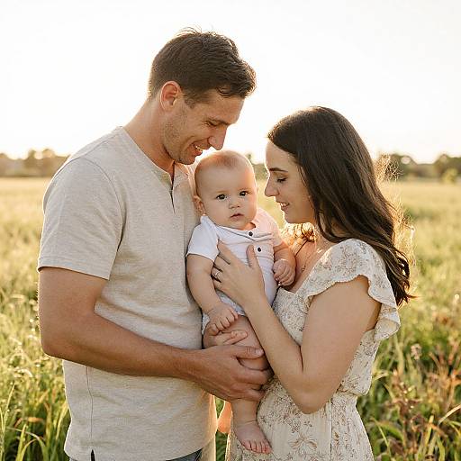 Photograph of a smiling Caucasian family: father with short brown hair in a beige shirt, mother with long black hair in a lace dress, holding a