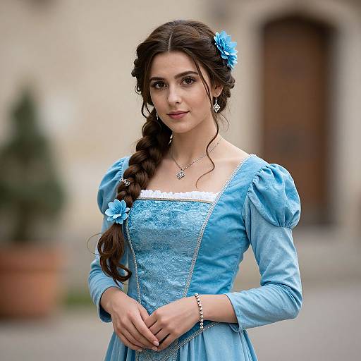 Photograph of a young woman with long brown hair in a blue, lace-trimmed Renaissance-style dress, adorned with a blue flower, standing outdoors