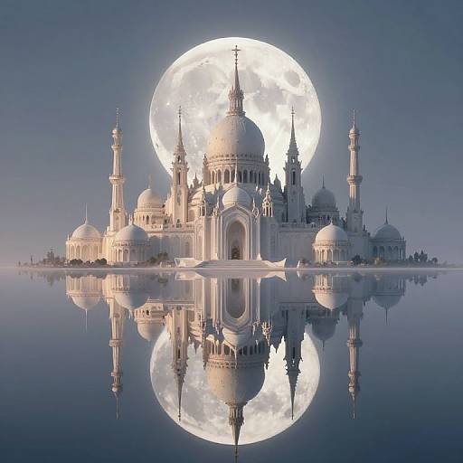 Photorealistic CGI of a grand white mosque with domes and minarets, reflected in still water, under a large, bright full moon in