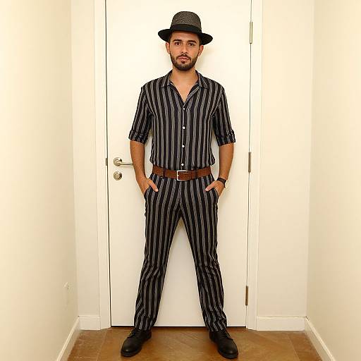 Photograph of a bearded man in black pinstripe suit, brown belt, black hat, and shoes, standing against a white door.