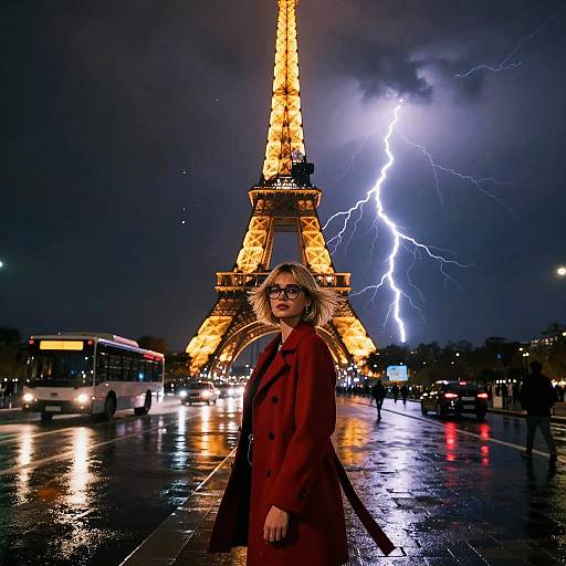 Photograph of a blonde woman in a red coat and glasses, standing in front of the illuminated Eiffel Tower during a night storm with bright lightning