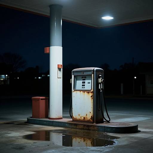 Nighttime photograph of a rusty, abandoned gas pump under a lit, white column, with a small puddle on the concrete.