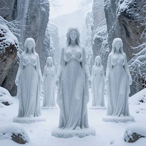 Ethereal Frost-Women Statues in Snowy Canyon