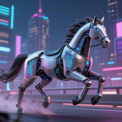 Digital CGI of a futuristic, robotic horse with glowing blue and pink neon lights, galloping through a neon-lit cityscape at night.