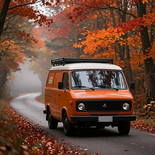 Photograph of a bright orange van with a roof rack driving on a winding road through a forest with vibrant autumn leaves.