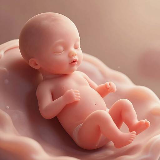Digital CGI of a peaceful, bald, pink-skinned baby with closed eyes, lying on soft, pink, cloud-like surface, wearing only a white
