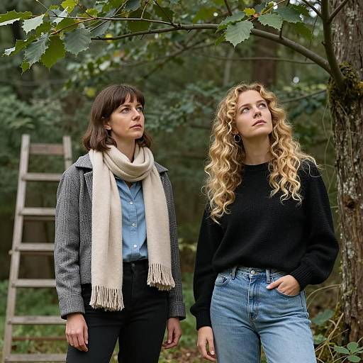 Two Women Standing in Forest Looking Up