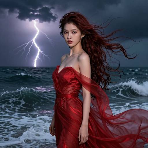 Woman in Red Gown by Stormy Sea with Lightning