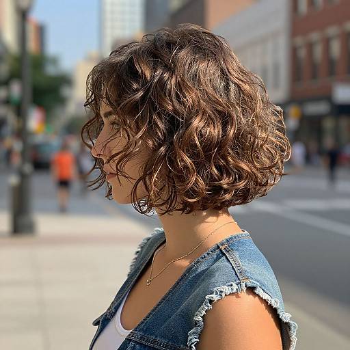 Photograph of a young woman with short, wavy brown hair, wearing a denim vest over a white top, standing on a sunlit urban street