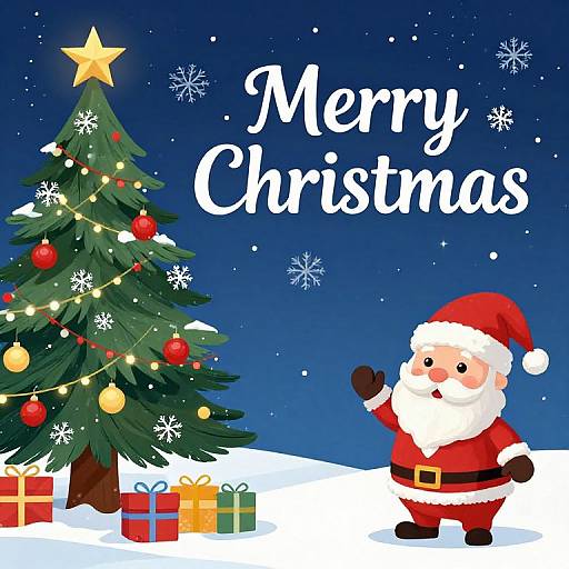 Digital illustration of Santa Claus waving beside a decorated Christmas tree with gifts, under a starry night sky with 