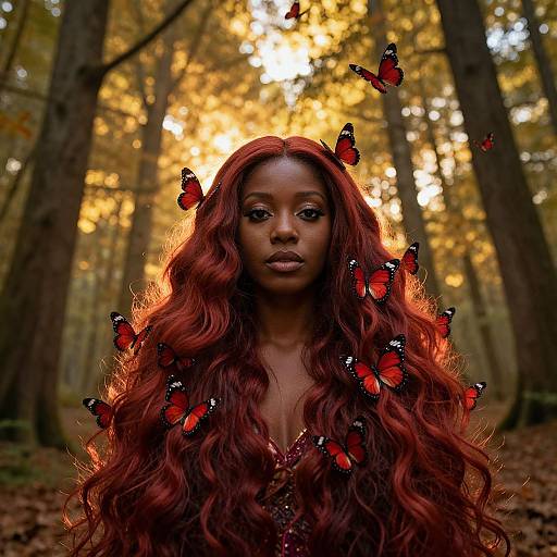 Photograph of a dark-skinned woman with long, wavy red hair, surrounded by red and black butterflies, in a sunlit forest.