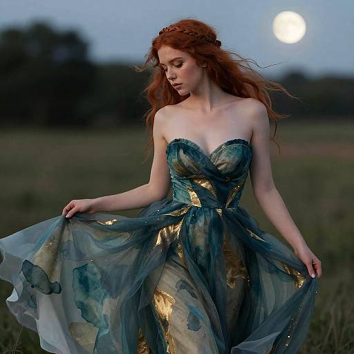 Photograph of a fair-skinned, red-haired woman in a strapless, blue and gold, flowing, sparkly dress, standing in a moon