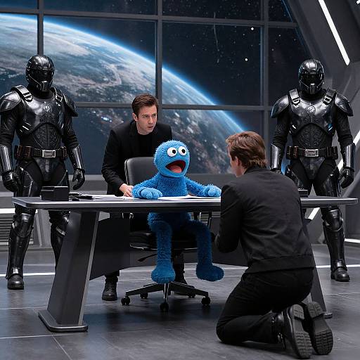 Photograph of a sci-fi office scene: two men in black suits, two Stormtroopers, and a blue Cookie Monster seated at a desk,
