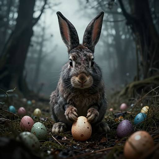 Photograph of a realistic, fluffy gray rabbit holding an Easter egg in a misty, dark forest, surrounded by colorful, speckled eggs.