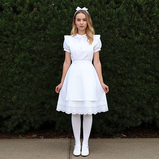 Photograph of a young woman with fair skin and blonde hair wearing a white dress, white leggings, white shoes, and a white headband, standing