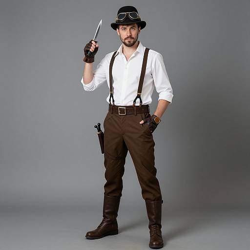Photograph of a bearded man in white shirt, brown pants, suspenders, black hat, holding knife, with gun holster, fingerless gloves