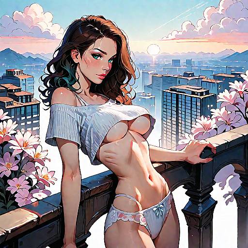 Woman in Lingerie on City Rooftop Balcony