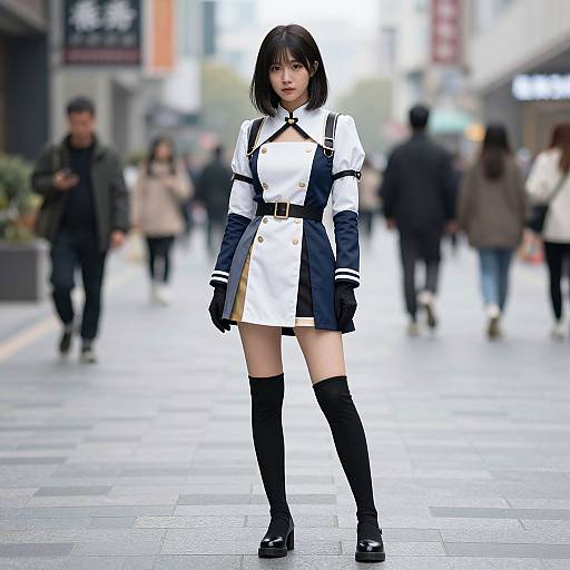 Photograph of an Asian woman with short black hair, wearing a white and navy military-style dress, black gloves, thigh-high socks, and black shoes