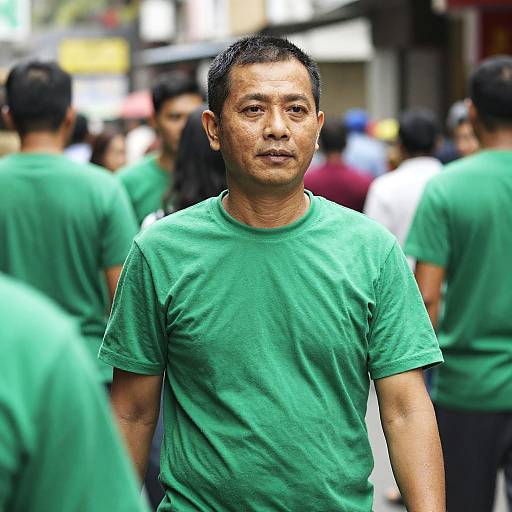Man in Green Shirt in Crowded Street