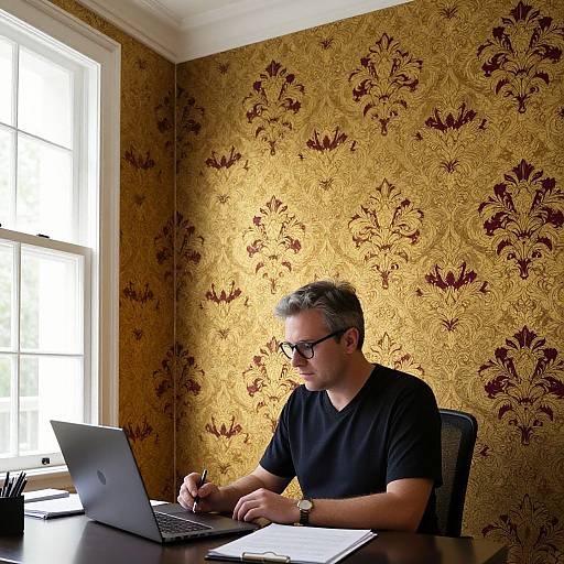 Photograph of a middle-aged man with gray hair and glasses, wearing a black t-shirt, working on a laptop in an ornately patterned,