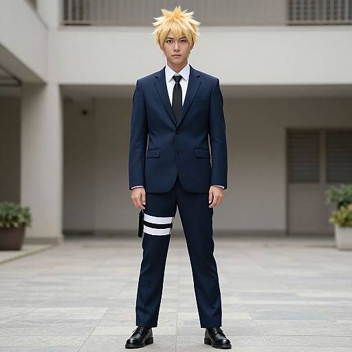 Anime-style digital illustration of a blond-haired boy in a black suit with a white shirt and tie, standing in a modern courtyard. He has a white