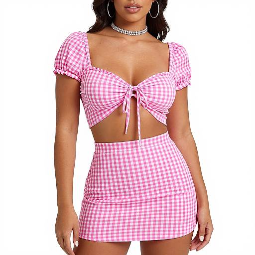 Photograph of a woman with dark skin wearing a pink gingham crop top and matching mini skirt, accessorized with a choker and hoop earrings,