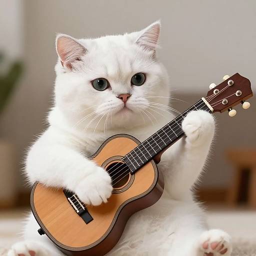 Photograph of a fluffy white cat with blue eyes holding a small wooden ukulele, sitting on a light-colored carpet.
