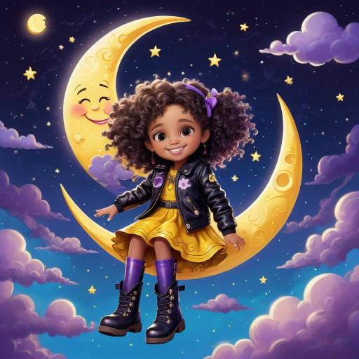 Cheerful girl sitting on crescent moon in magical night sky