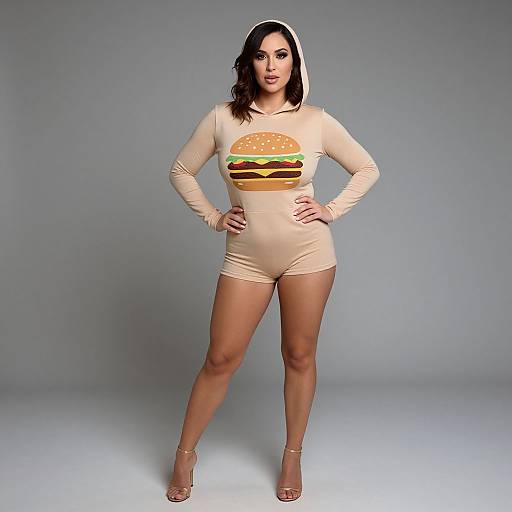 Photograph of a curvy woman with medium skin tone, dark hair, wearing a beige long-sleeve bodysuit with a burger graphic,