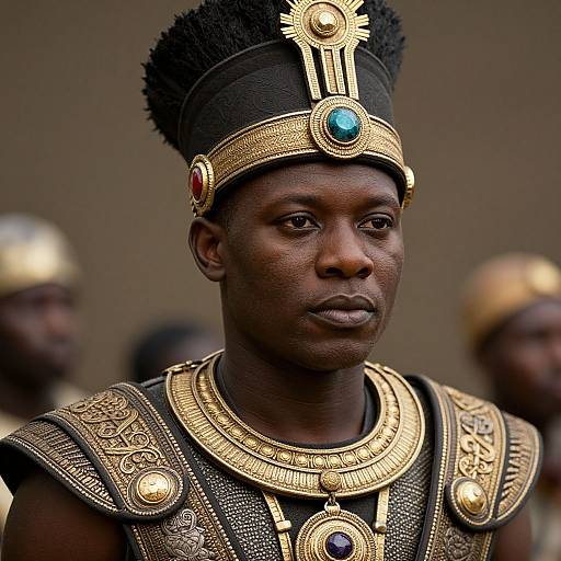 Photograph of a young African man with dark skin, wearing an ornate gold and turquoise headdress and jewelry, standing against a blurred, neutral background
