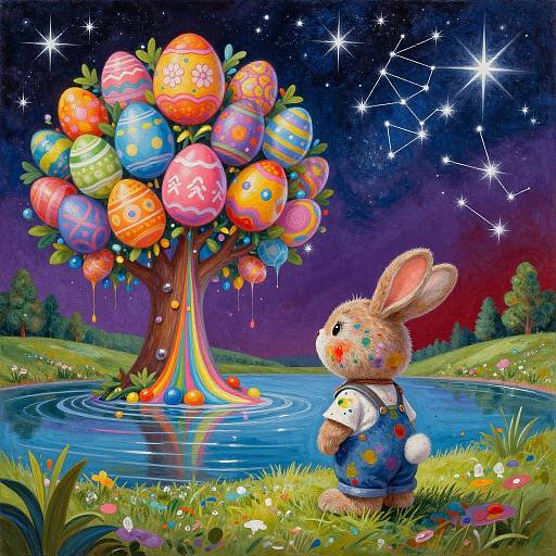 Whimsical digital illustration of a bunny with colorful overalls, gazing at a vibrant tree of Easter eggs by a moonlit pond.