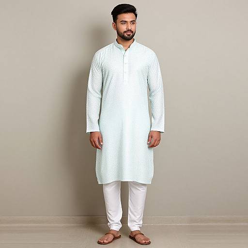 Photograph of a bearded South Asian man with short black hair, wearing a white traditional kurta, white pants, and brown sandals, standing against