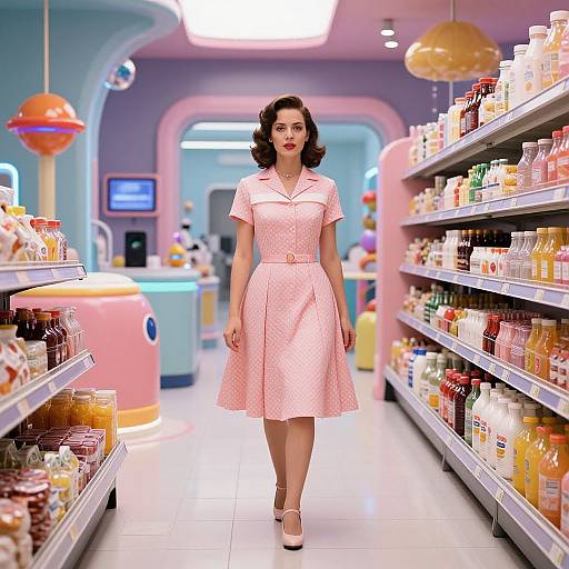 Photograph of a retro-style woman with dark, wavy hair in a pink, polka-dotted 1950s dress, standing confidently in