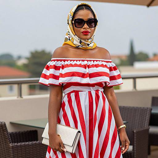 Woman in Striped Dress and Headscarf Outdoors