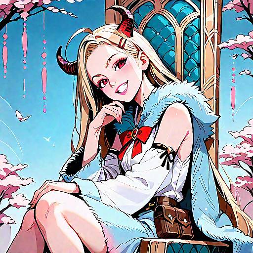 Digital anime-style illustration of a blonde demon girl with red horns, white fur cloak, and red bow, sitting by a blue-stained window amidst cherry