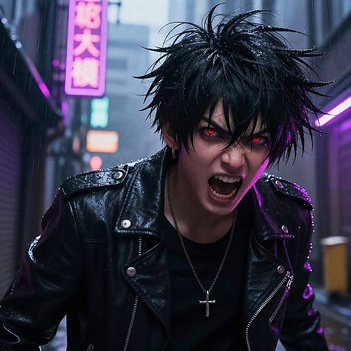 Digital art of a fierce, black-haired anime boy with glowing red eyes, shouting in a rainy, neon-lit urban alley. Wearing a wet